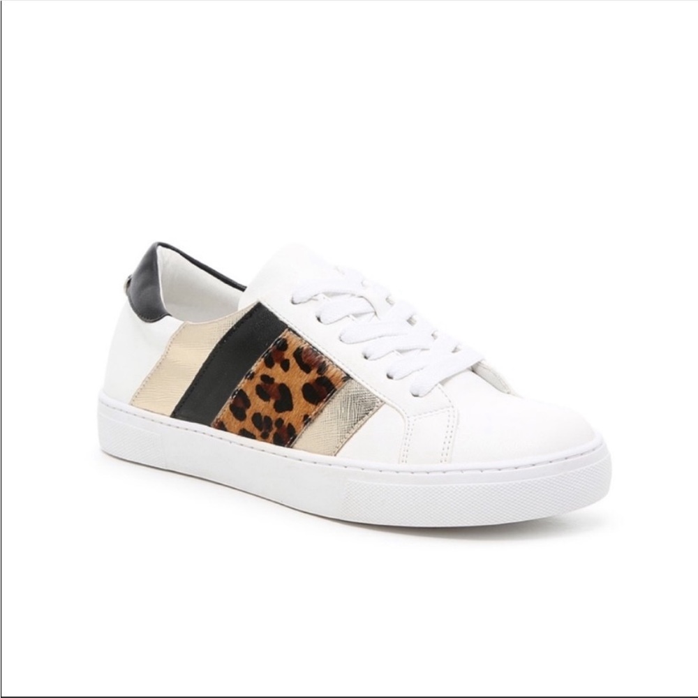 Steve Madden White Fone Metallic Sneakers Shoes with Leopard and Gold Size 9